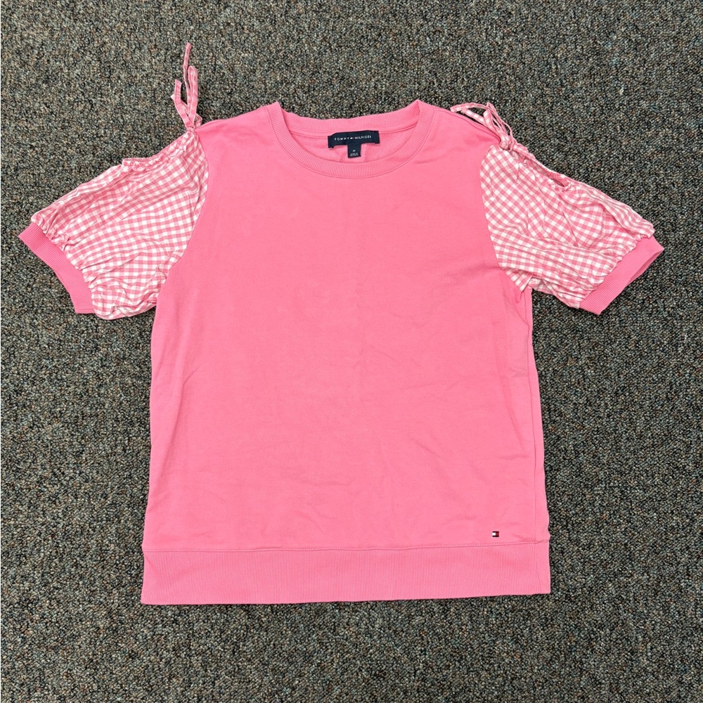 New Tommy Hilfiger Pink Gingham Sleeve Cold Shoulder Coquette Shirt Medium